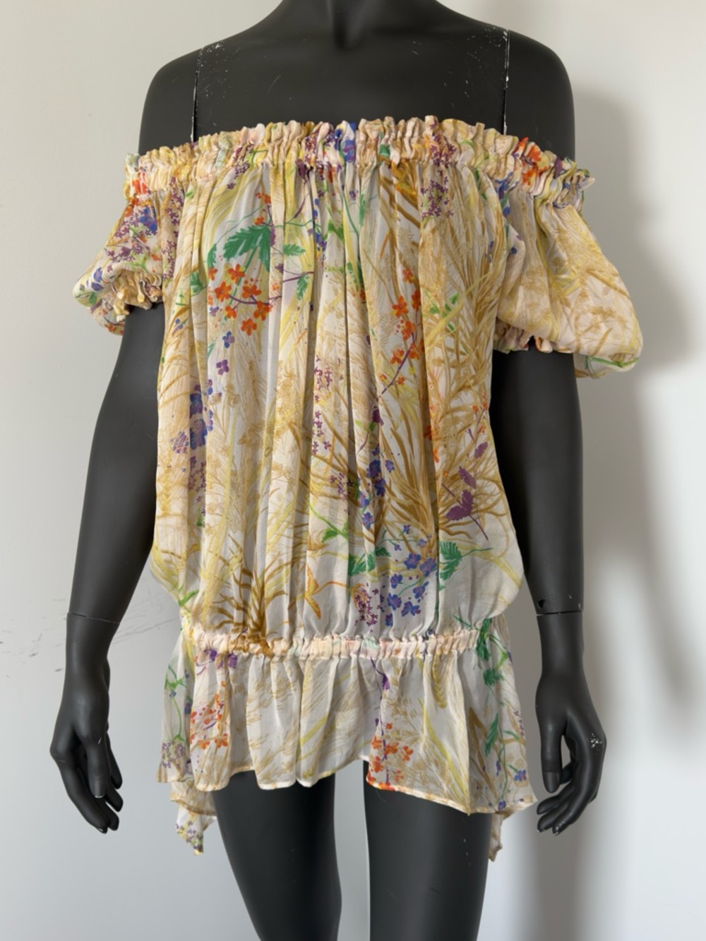 276. 100% Silk Zara Floral Off-Shoulder Peasant Top - Cream